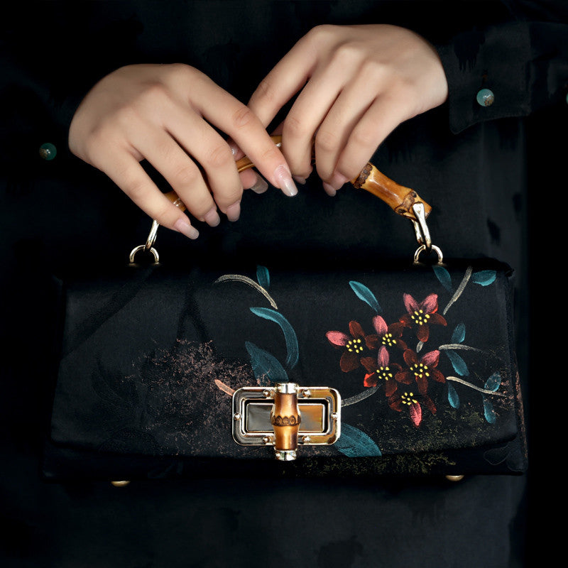 [Chinoiserie] Flower Bamboo Handle Silk Clutch Bag