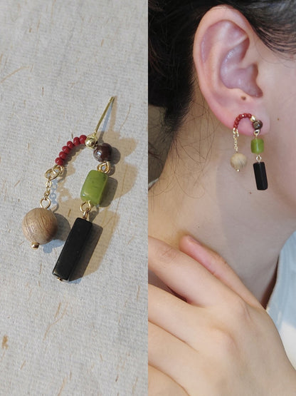 「Chinoiserie」Green Grape Natural Jade Sandalwood Beaded Earrings