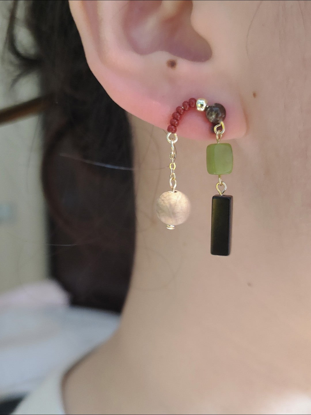 「Chinoiserie」Green Grape Natural Jade Sandalwood Beaded Earrings