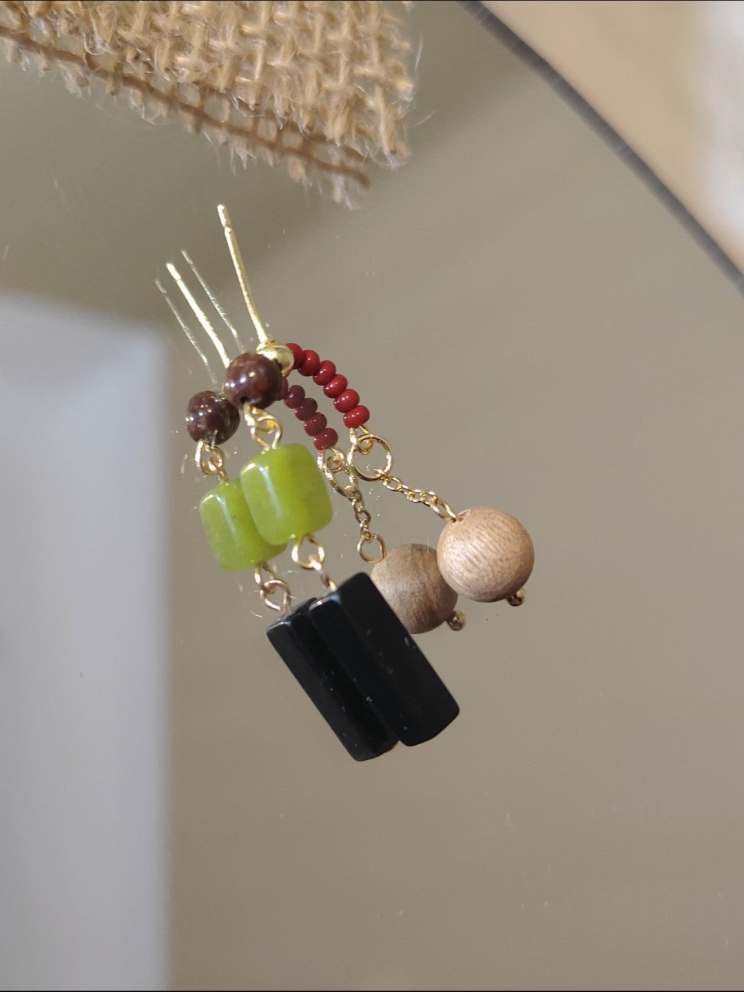 「Chinoiserie」Green Grape Natural Jade Sandalwood Beaded Earrings