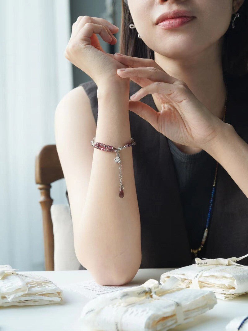 [Chinoiserie] Ice Cream Tourmaline Silver Beaded Bracelet