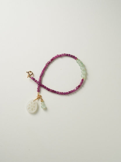 [Chinoiserie] Jade Lotus Pendant Ruby Beaded Bracelet