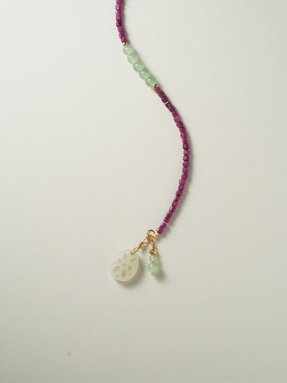 [Chinoiserie] Jade Lotus Pendant Ruby Beaded Bracelet