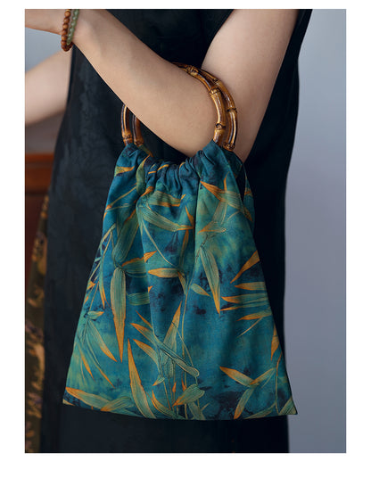 [Chinoiserie] Leaves Printed Silk Bamboo Handle Handbag