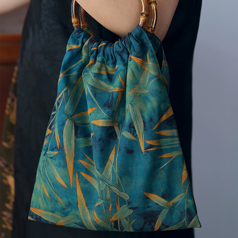 [Chinoiserie] Leaves Printed Silk Bamboo Handle Handbag