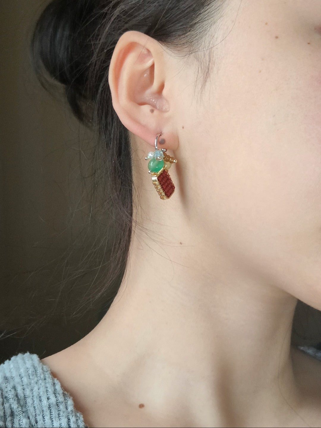 「Chinoiserie」Mini Abacus Natural Jade Sandalwood Beaded Earrings