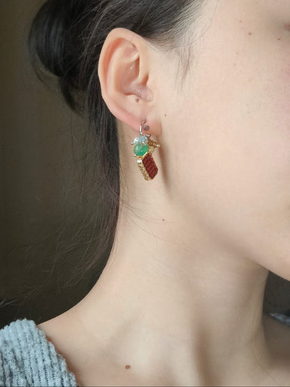 「Chinoiserie」Mini Abacus Natural Jade Sandalwood Beaded Earrings