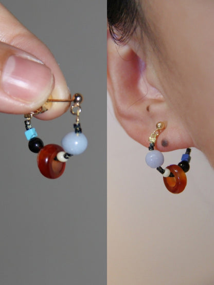 「Chinoiserie」Natural Agate Beaded Hoop Earrings