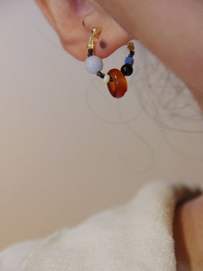 「Chinoiserie」Natural Agate Beaded Hoop Earrings