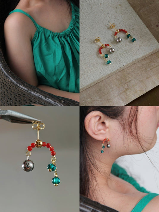 「Chinoiserie」 Natural Agate Red Green Beaded Drop Earrings