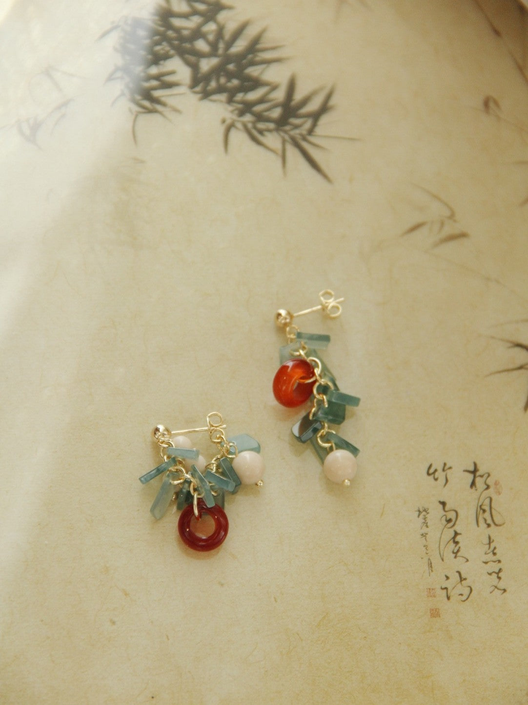 「Chinoiserie」Natural Jade Agate Bamboo Earrings