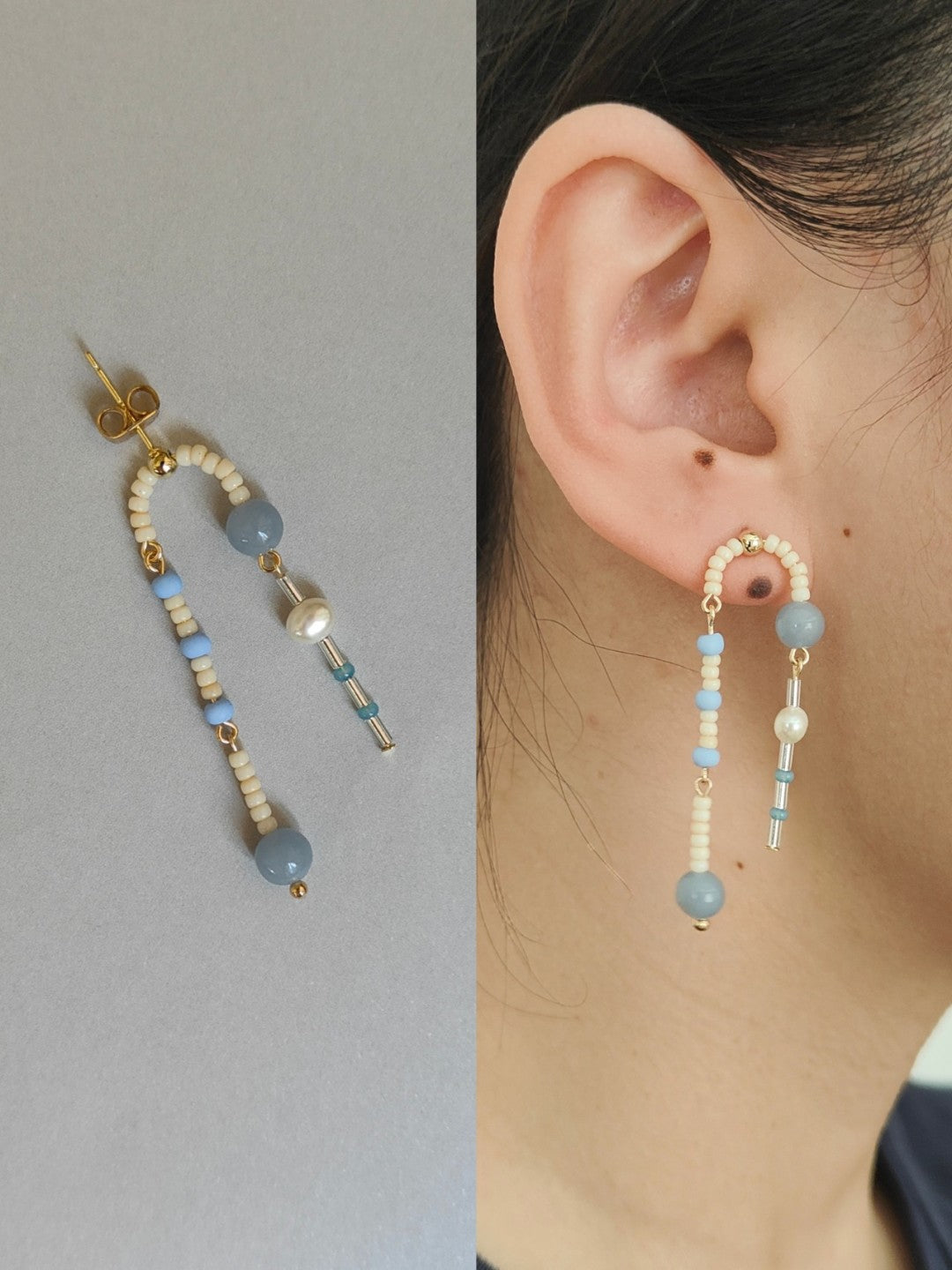 「Chinoiserie」Natural Jade Blue Beaded Drop Earrings