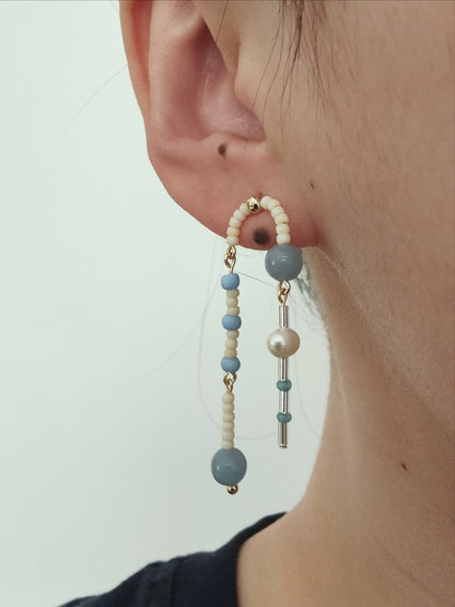 「Chinoiserie」Natural Jade Blue Beaded Drop Earrings