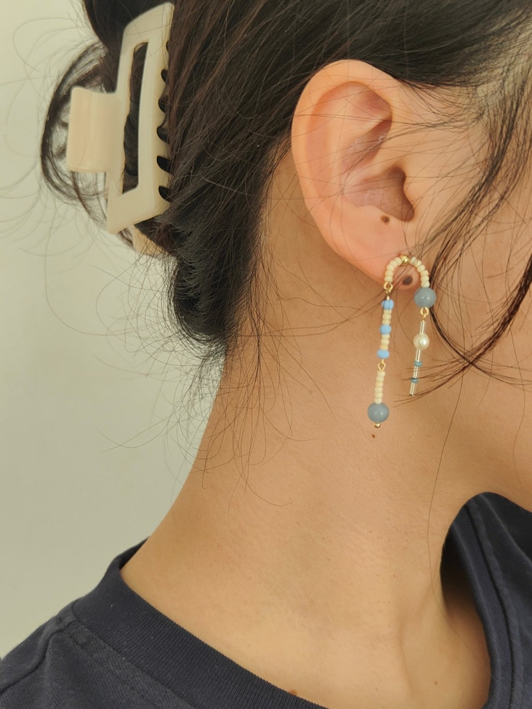 「Chinoiserie」Natural Jade Blue Beaded Drop Earrings