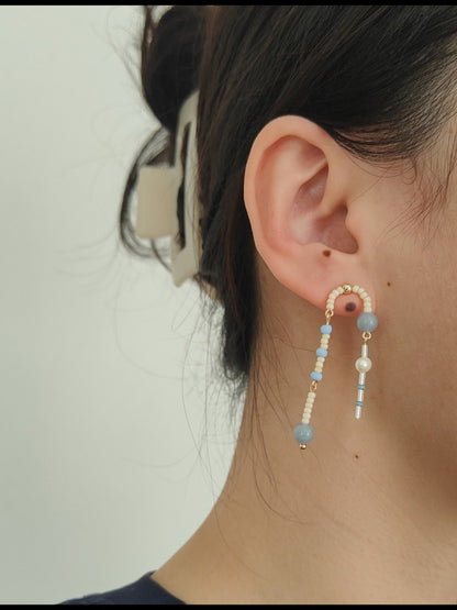 「Chinoiserie」Natural Jade Blue Beaded Drop Earrings