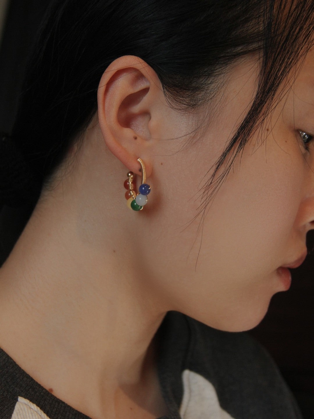 「Chinoiserie」Natural Jade Colorful Hoop Earrings