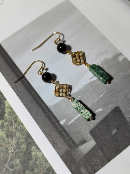 「Chinoiserie」Natural Jade Green Dangle Earrings