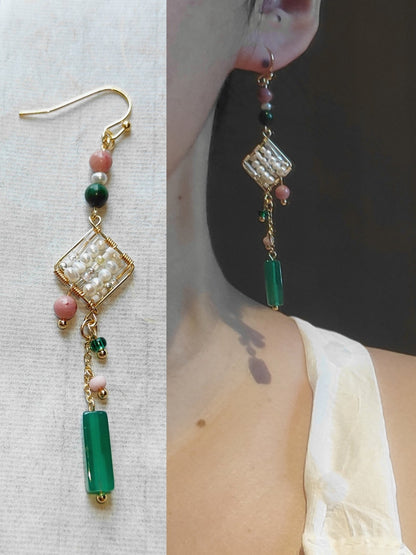 「Chinoiserie」Natural Jade Green Pink Beaded Drop Earrings