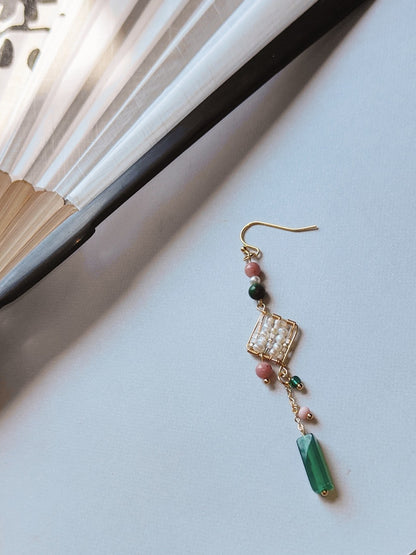 「Chinoiserie」Natural Jade Green Pink Beaded Drop Earrings