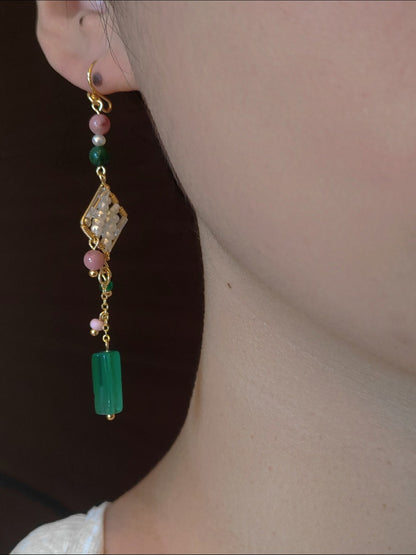 「Chinoiserie」Natural Jade Green Pink Beaded Drop Earrings