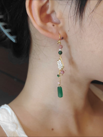 「Chinoiserie」Natural Jade Green Pink Beaded Drop Earrings