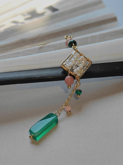 「Chinoiserie」Natural Jade Green Pink Beaded Drop Earrings