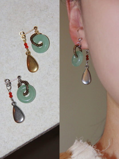 「Chinoiserie」 Natural Jade Hoop Beaded Drop Earrings