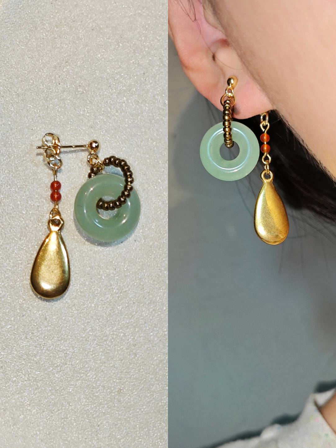 「Chinoiserie」 Natural Jade Hoop Beaded Drop Earrings