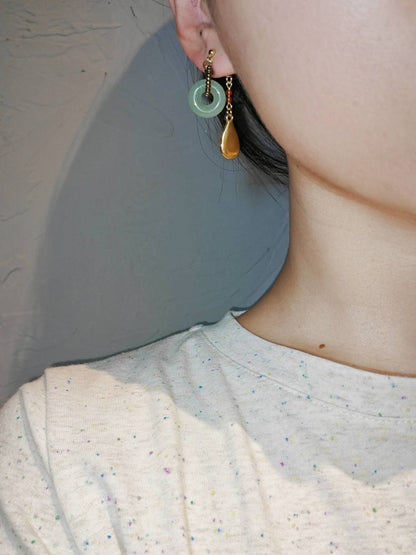 「Chinoiserie」 Natural Jade Hoop Beaded Drop Earrings