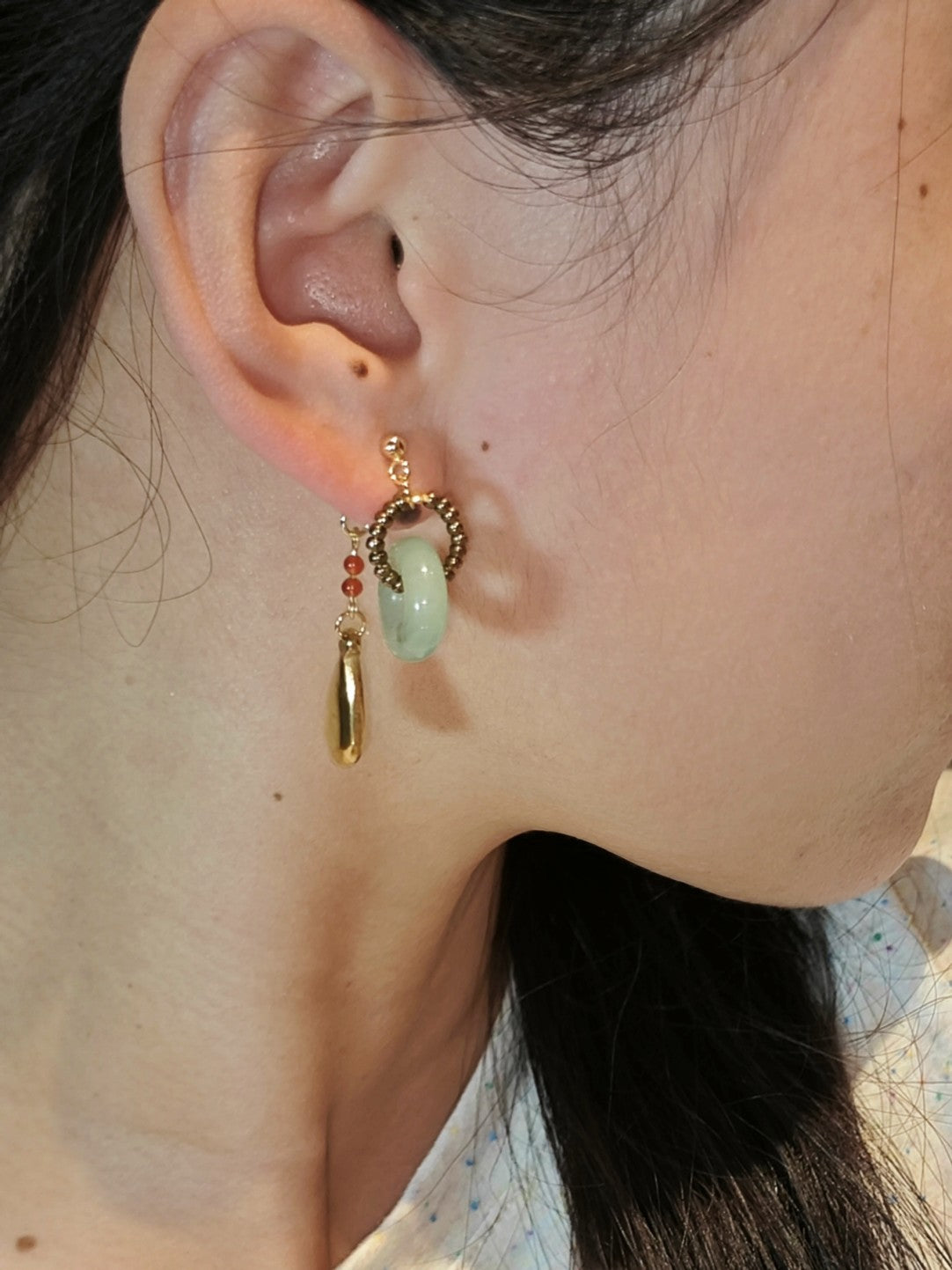 「Chinoiserie」 Natural Jade Hoop Beaded Drop Earrings