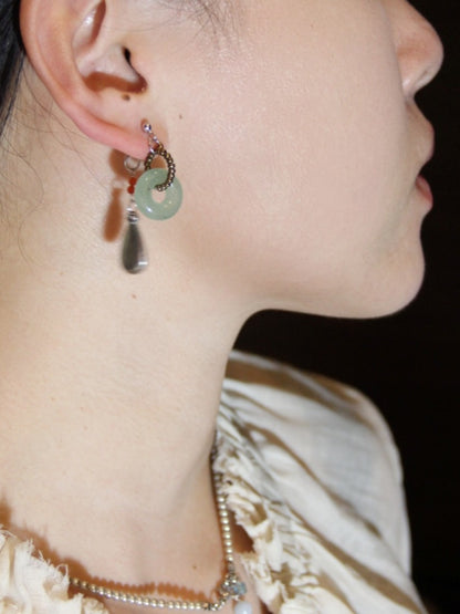 「Chinoiserie」 Natural Jade Hoop Beaded Drop Earrings