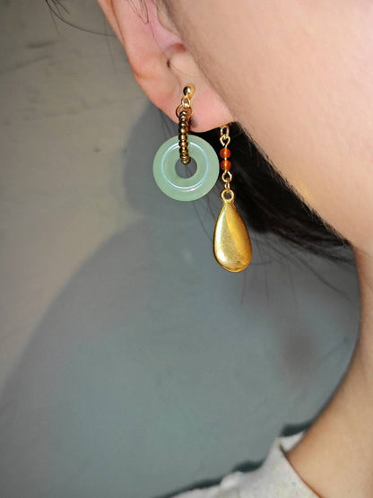 「Chinoiserie」 Natural Jade Hoop Beaded Drop Earrings