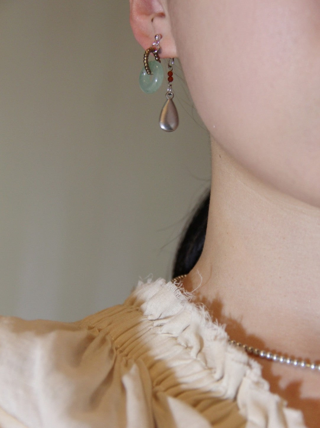 「Chinoiserie」 Natural Jade Hoop Beaded Drop Earrings