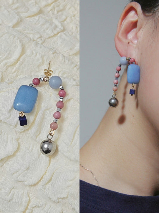 「Chinoiserie」 Natural Jade Pink Blue Beaded Drop Earrings