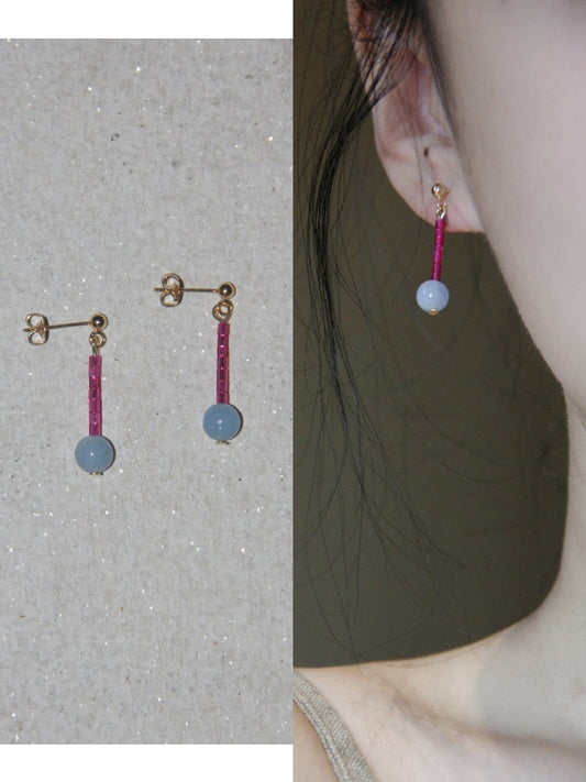 「Chinoiserie」Natural Jade Pink Blue Mini Beaded Earrings