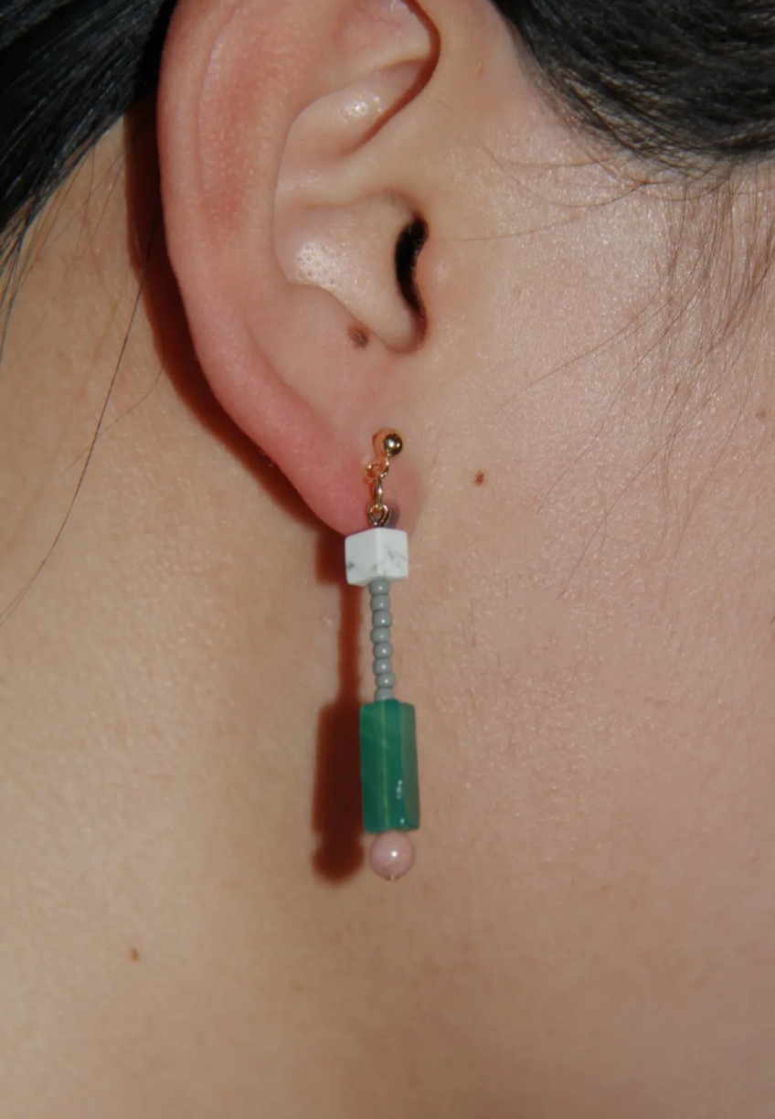 「Chinoiserie」Natural Jade Pink Peach Asymmetry Beaded Earrings