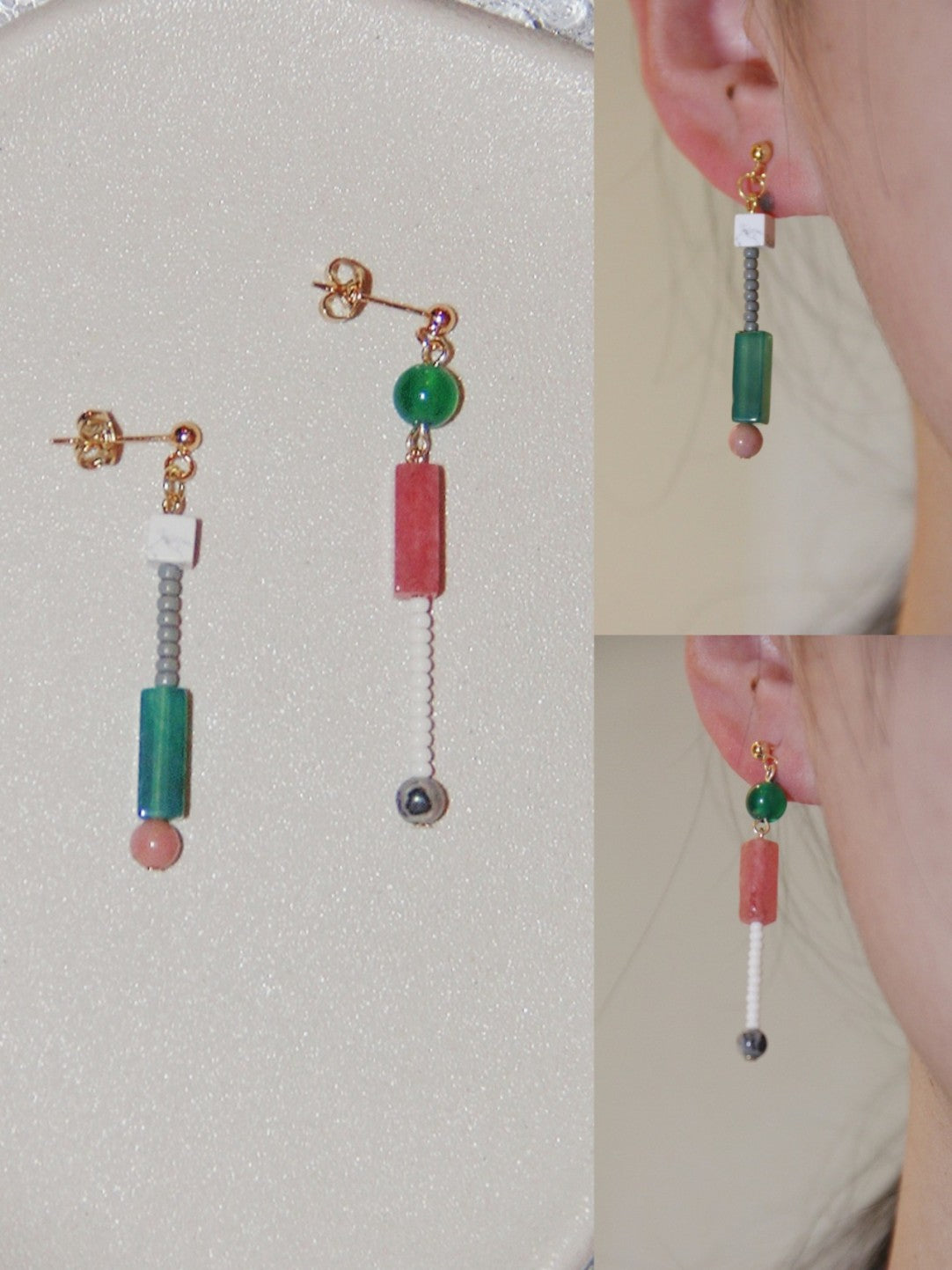 「Chinoiserie」Natural Jade Pink Peach Asymmetry Beaded Earrings