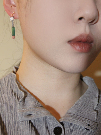 「Chinoiserie」Natural Jade Pink Peach Asymmetry Beaded Earrings