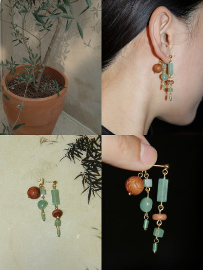 「Chinoiserie」 Natural Jade Sandalwood Beaded Dangle Earrings