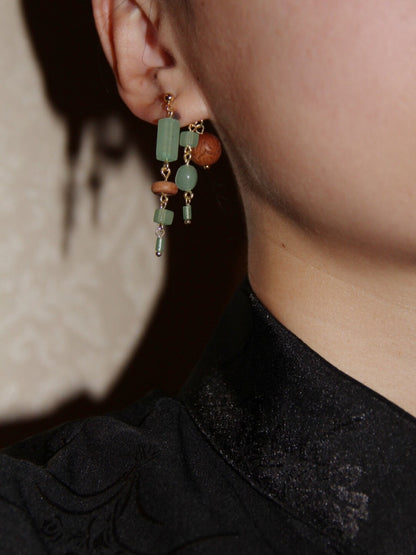 「Chinoiserie」 Natural Jade Sandalwood Beaded Dangle Earrings