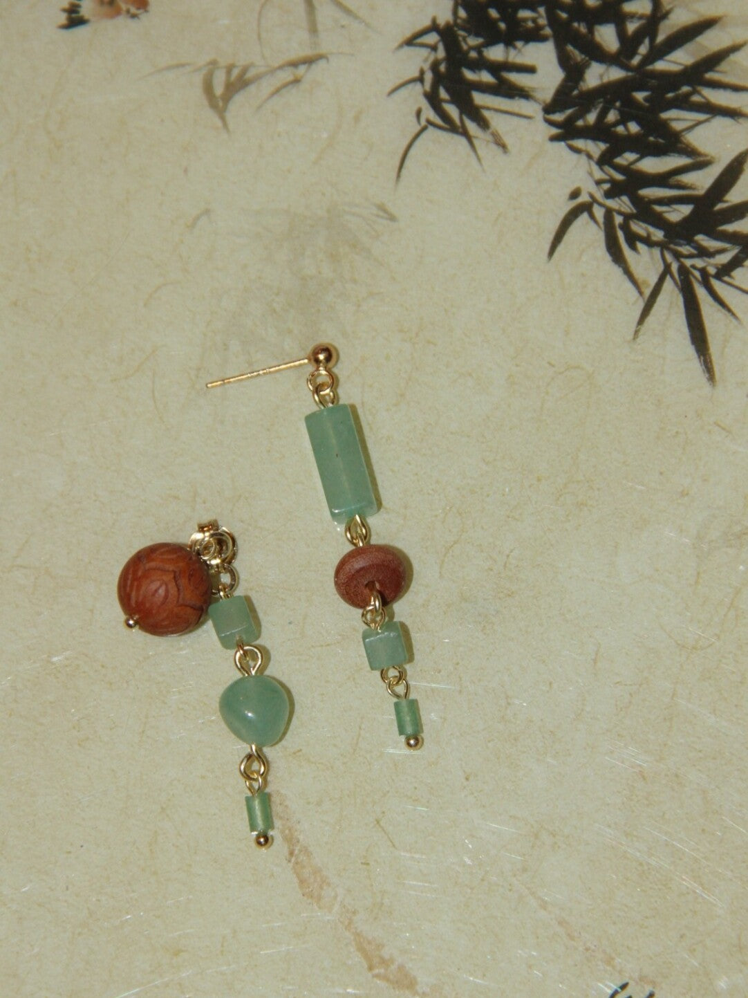 「Chinoiserie」 Natural Jade Sandalwood Beaded Dangle Earrings