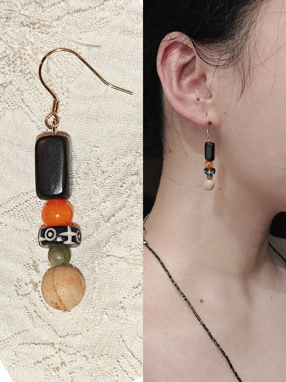 「Chinoiserie」 Natural Jade Sandalwood Drop Earrings