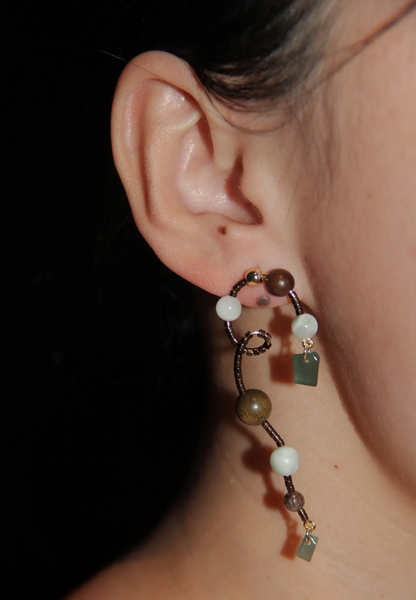 「Chinoiserie」Natural Jade Vine Beaded Earrings