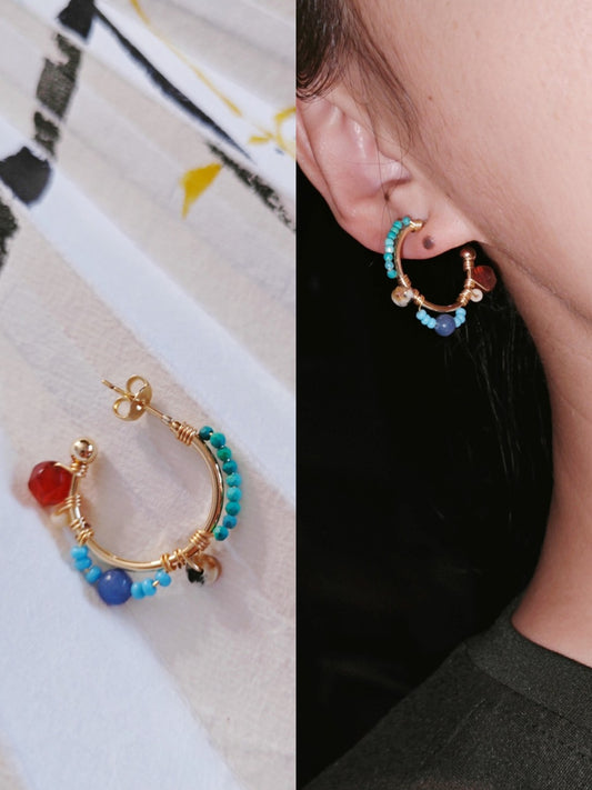 「Chinoiserie」 Natural Stones Beaded Hoop Earrings