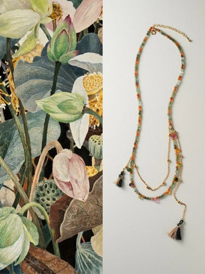 [Chinoiserie] Rain-Kissed Lotus Tourmaline Tassel Necklace