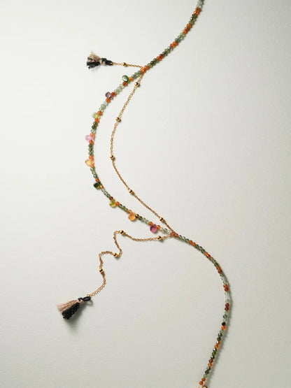 [Chinoiserie] Rain-Kissed Lotus Tourmaline Tassel Necklace