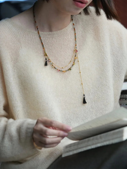 [Chinoiserie] Rain-Kissed Lotus Tourmaline Tassel Necklace