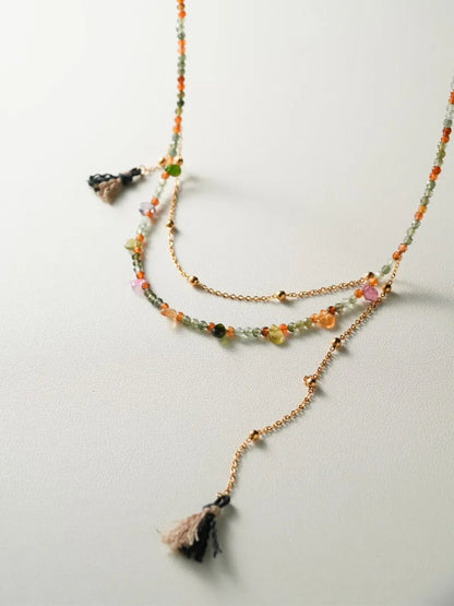 [Chinoiserie] Rain-Kissed Lotus Tourmaline Tassel Necklace