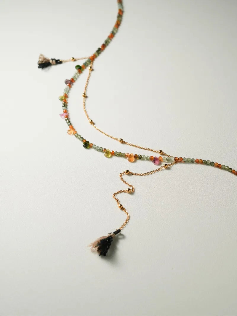 [Chinoiserie] Rain-Kissed Lotus Tourmaline Tassel Necklace