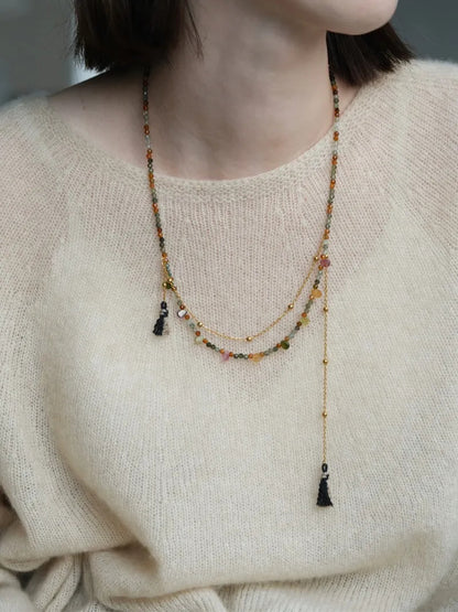 [Chinoiserie] Rain-Kissed Lotus Tourmaline Tassel Necklace